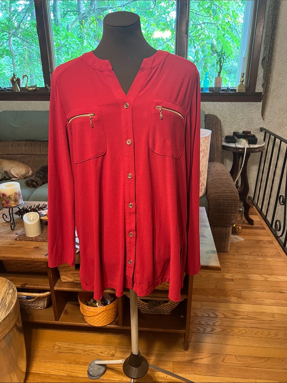 Susan Graver Red Button-Front Long-Sleeve Shirt with Zip Pockets
